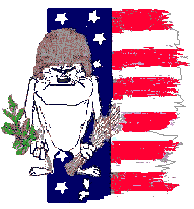 [ Image-Taz as a soldier with tattered American flag behind him] 